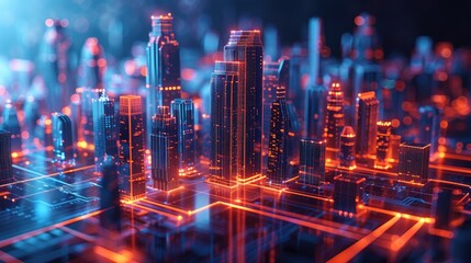 Futuristic cityscape rendered in glowing 3D lines and patterns