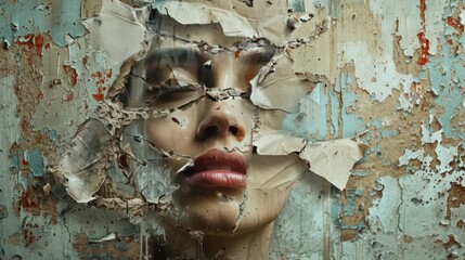 Old wall art design, abandoned old wrinkled, torn torn poster background. The remains of a torn poster with a woman's face on the wall and oil paint on the wall.