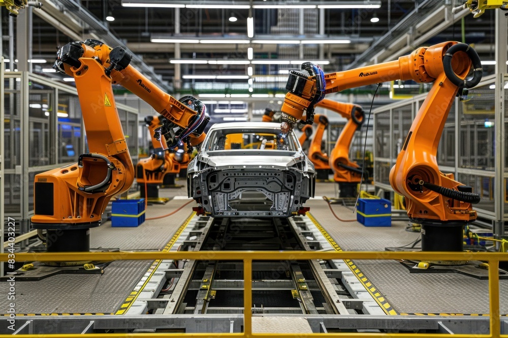Poster automated robots in a car manufacturing factory working on assembly line with vehicle in background