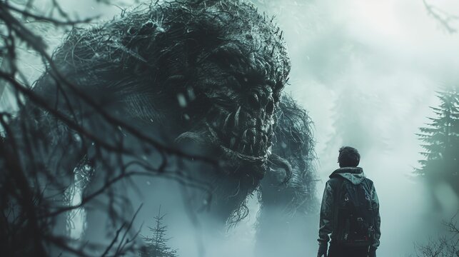 Dramatic close shot of a man and a terrifying monster, with a shadowy, mist-covered forest behind them
