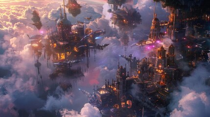 Fototapeta premium A stunning futuristic cityscape floating in the clouds, illuminated by vibrant lights, depicting an advanced utopian civilization.