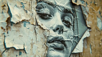 Old wall art design, abandoned old wrinkled, torn torn poster background. The remains of a torn poster with a woman's face on the wall and oil paint on the wall.