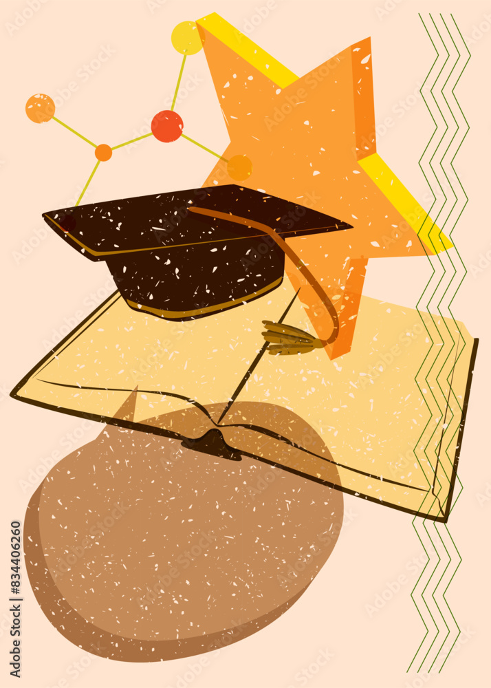 Poster risograph book and graduation cap with speech bubble with geometric shapes. objects in trendy riso g