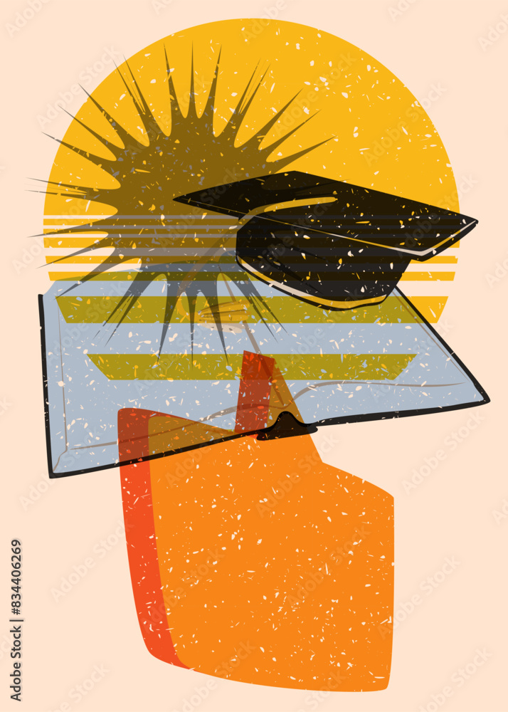 Poster risograph book and graduation cap with speech bubble with geometric shapes. objects in trendy riso g