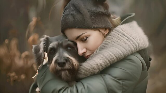 Woman Hugging Dog in Winter Clothing with Ai generated.
