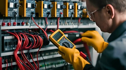 Electrical Engineer Evaluating Protective Relays. Precision Testing