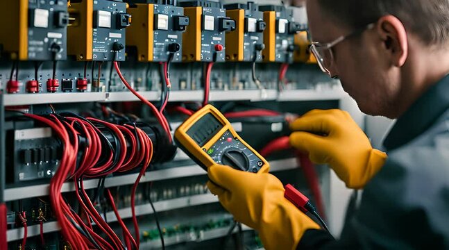 Electrical Engineer Evaluating Protective Relays. Precision Testing