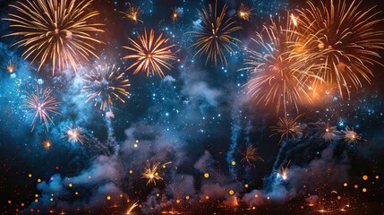 Fototapeta premium A vibrant blue background with fireworks and stars, leaving room for messages. - Event decoration background