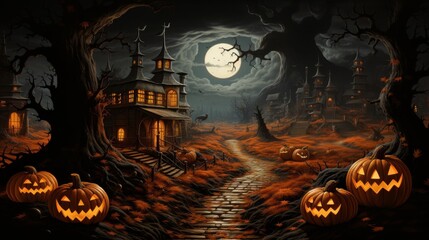 Eerie Halloween night with glowing pumpkins, haunted house, and full moon casting spooky shadows over a dark, twisted landscape.