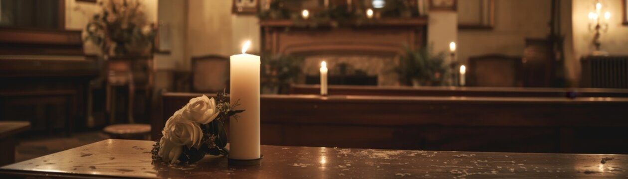 Tranquil Memorial Service in a Nostalgic Funeral Home with Candlelight and Silent Reflection