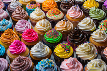 An assortment of decorated cupcakes, tightly packed to fill the entire frame. Each cupcake is topped with different colorful icing and sprinkles, showcasing a range of colors and designs