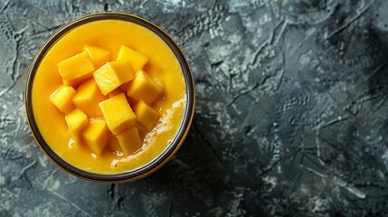Overhead shot of mango smoothie in a decorative ceramic bowl, isolated background, studio lighting, plenty of space for text, perfect for advertisements