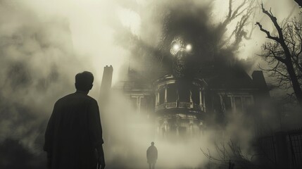 Intense close-up of a man facing a monstrous creature, with a haunted house in the background, shrouded in fog