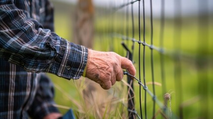 A farmer adjusting the electric voltage of a smart fence allowing for customizable levels of animal containment.
