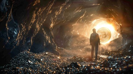 Man stands in a dimly lit cave, surrounded by heaps of gold and a silver bitcoin coin, symbolizing economic distress