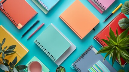 Overhead shot of arranged notebooks and bookmarks, spacious for text insertion, isolated background, studio lighting