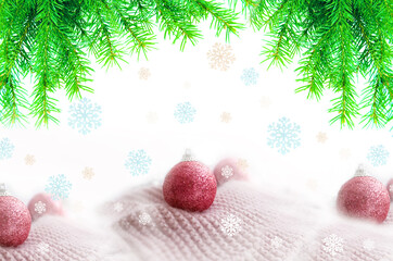 Christmas decoration balls. Snowy. Partial blurred Festively Decorated christmas shiny balls on...