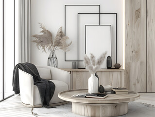 Modern interior design, 3D rendering, natural wood-colored A4 paper size frames, living room wall posters, home background, light luxury style, indoor scenes, natural light, neutral tones, wide-angle 