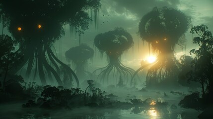 Sentient extraterrestrial plants with tentacles and glowing eyes, thriving in a misty swamp on a dark alien planet, under dim light of a distant sun