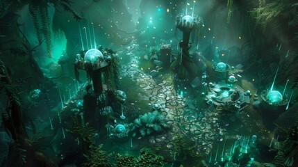 Mystical enchanted forest with glowing green lights and magical structures, depicting a fantasy world setting at night.