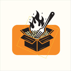 Open box with potato contents and fire fork design