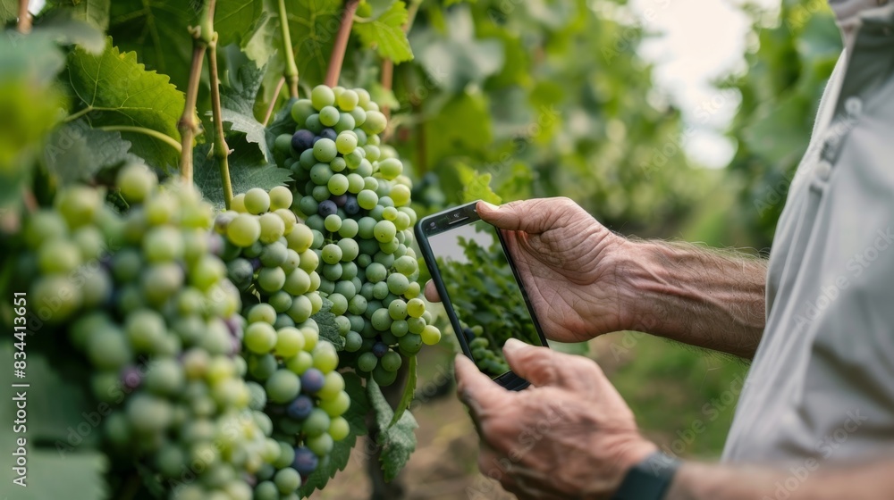 Poster a farmer using a smartphone app to check on the temperature and humidity levels within the vineyard.