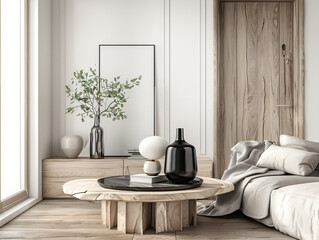 Modern interior design, 3D rendering, natural wood-colored A4 paper size frames, living room wall posters, home background, light luxury style, indoor scenes, natural light, neutral tones, wide-angle 