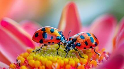 Whimsical insects on a vivid flower, close-up detail, isolated background, studio lighting, ample space for product ad text
