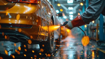 Worker using a paint spray gun to apply a smooth coat on a car in a professional auto body shop, paint particles suspended in the air