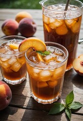 Iced Peach Tea with Fresh Peach Slices and Mint