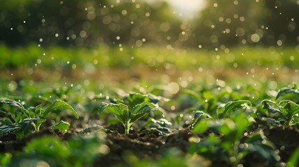 A field of crops with an integrated rain sensor irrigation system automatically adjusting water output based on natural rainfall.