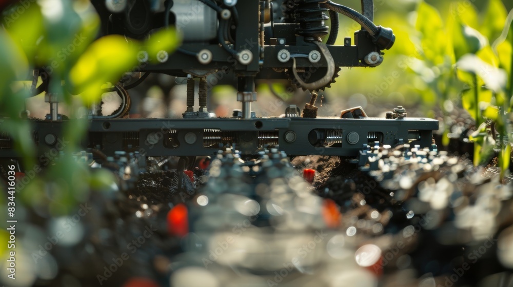 Poster a closeup of a precision planting machines mechanism showing the intricate parts working together to