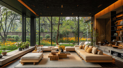 Fototapeta premium Natural black shade living room of a house resort by meadow wildflower