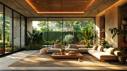 Fototapeta premium Natural brown shade living room of a house resort by meadow wildflower