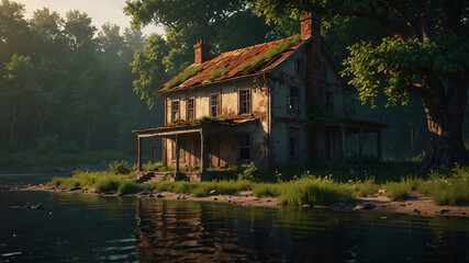 Obraz premium A house with a porch and a lake in the background