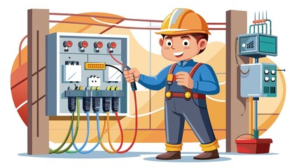 A white background allows for a clear view of a professional electrician servicing a switchboard. This highlights the importance of safe electrical work by a qualified professional.