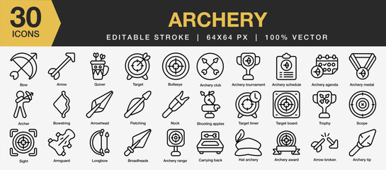 Set of 30 Archery icon set. Editable Stroke Icon Collection. Includes bow, arrow, target, quiver, nock and More. Outline icons vector collection.
