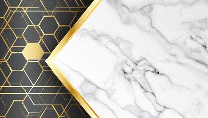 abstract background with frame gold hexagon frame on a white black marble background with hexagons