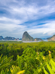 Landscape view of Phang-Nga Bay from Samet Nangshe viewpoint in Thailand. Scenic landscape view of Andaman sea and  green mangrove forests.