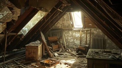 interior of old messy attic