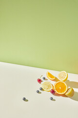 Colorful color background. Refreshing and fresh
oranges, lemons and other fruits full of vitamins.