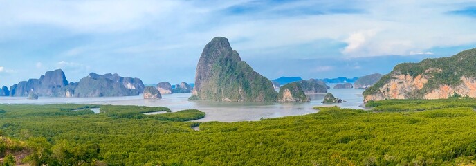Panoramic view of Phang-Nga Bay from Samet Nangshe viewpoint in Thailand. Scenic landscape view of Andaman sea and  green mangrove forests.