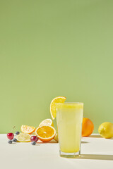 Colorful color background. Refreshing and fresh
oranges, lemons and other fruits full of vitamins.