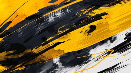 Bold black and yellow abstract background with sweeping brushstrokes and intricate halftone details, creating a visually stunning design.