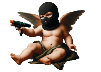 Cherub with tools toy gun wings ski mask