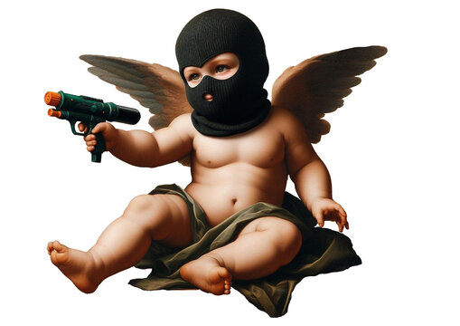 Cherub with tools toy gun wings ski mask