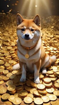 A Shiba Inu dog sits on a pile of gold coins, with a golden collar and a tag, cryptocurrency concept