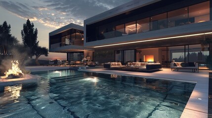Luxurious large house with pool and fireplace area. Modern architecture