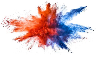 Dynamic Explosion of Vibrant Red and Blue Powder Colors on a White Background, Capturing the Energy...