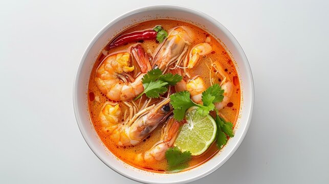 Top view of tom yum soup from Thailand, isolated on white background